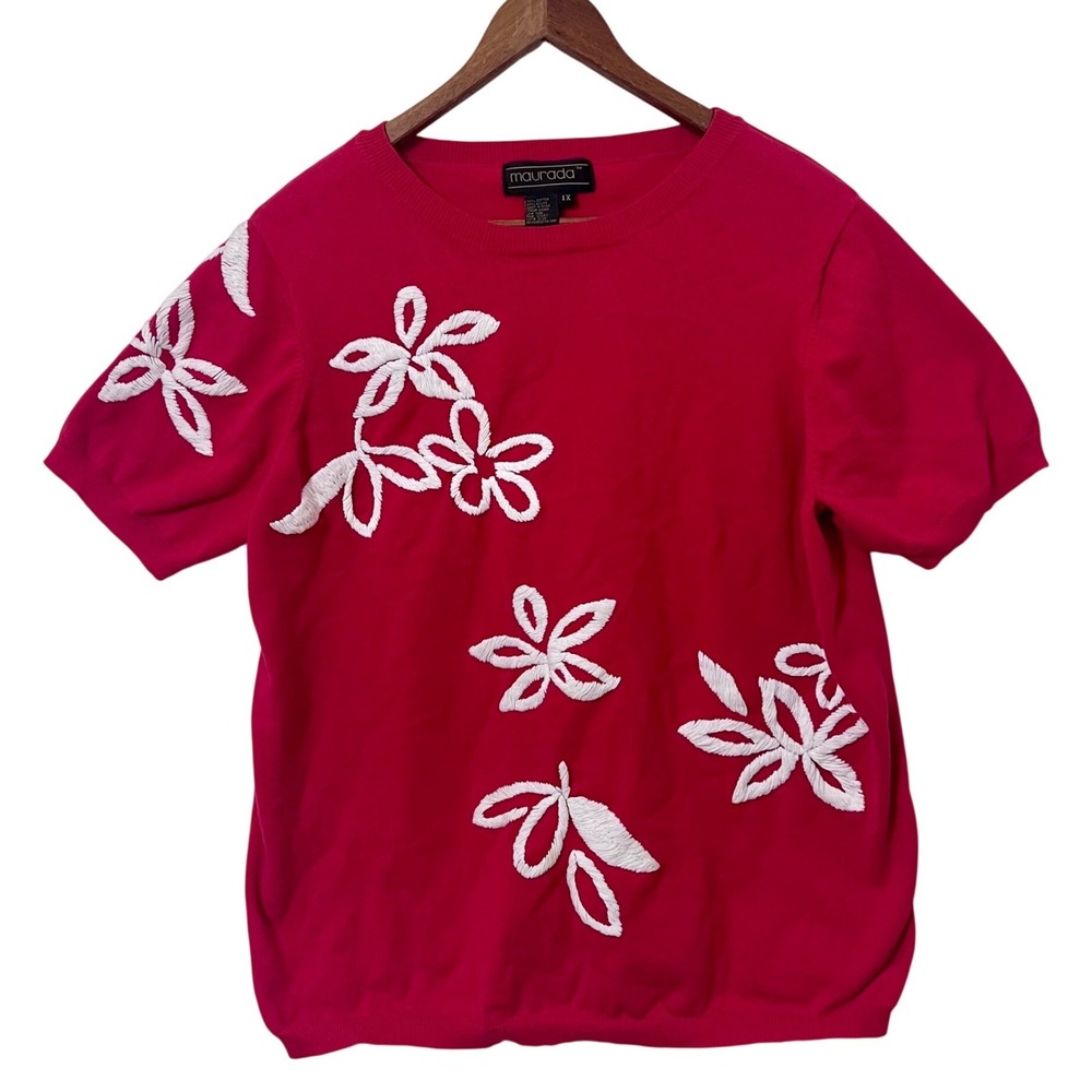 VTG Maurada Red Short Sleeve Knit Sweater White Floral Embroidered Top Womens 1X